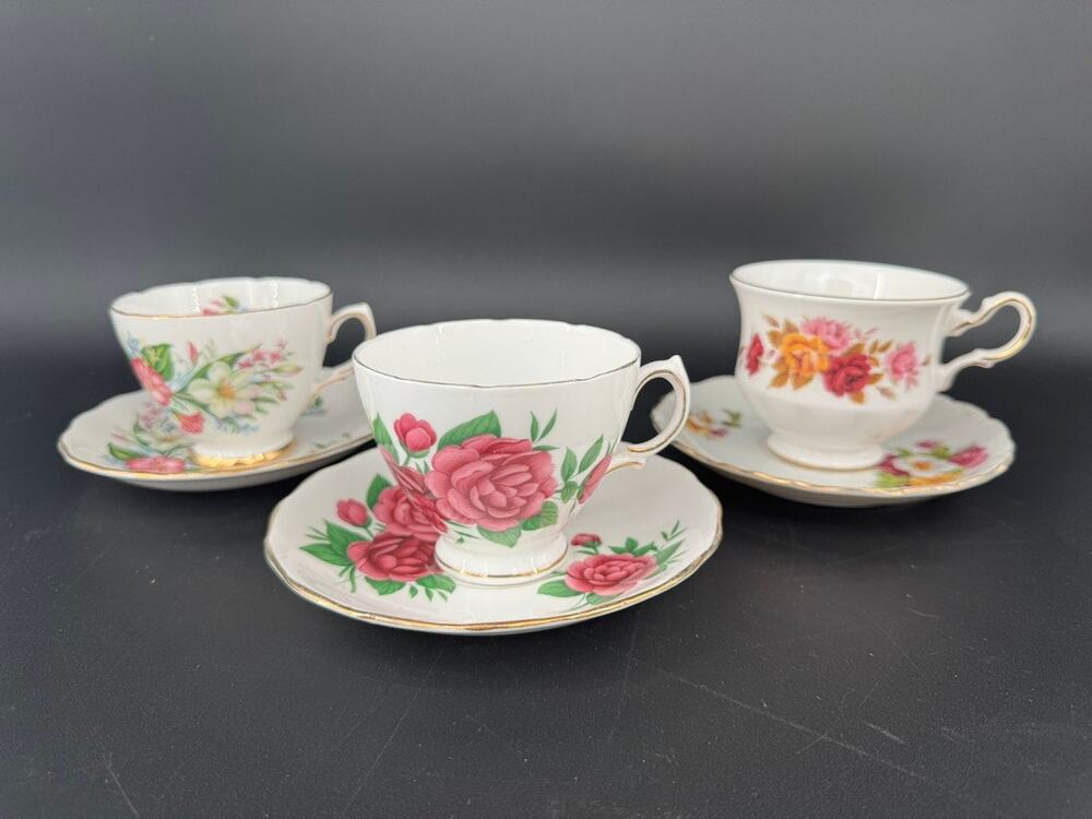 3 Vintage English Bone China Teacup Saucer Sets Royal Vale Colclough Queen Anne